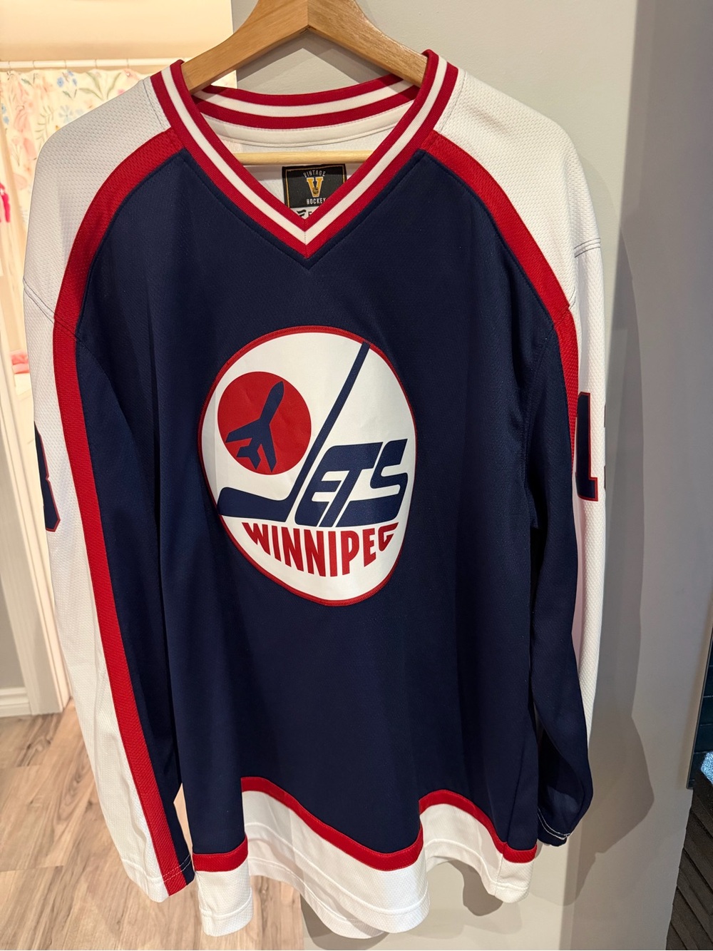 Vintage Winnipeg Jets Navy Red White V-Neck Hockey Sweater